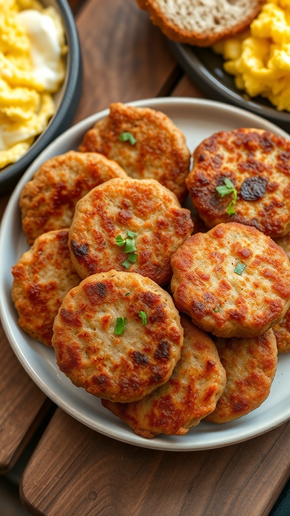 Golden-brown homemade sausage patties on a plate with scrambled eggs and toast.